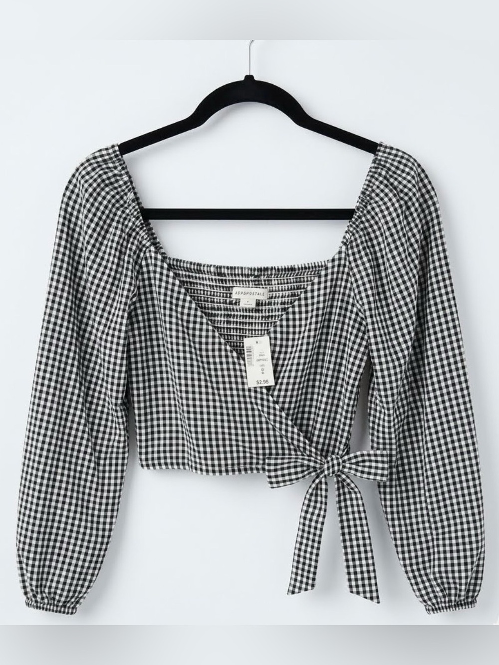 NWT Aeropostale Black and White Gingham Wrap Puff-Sleeve Crop Top - milk maid